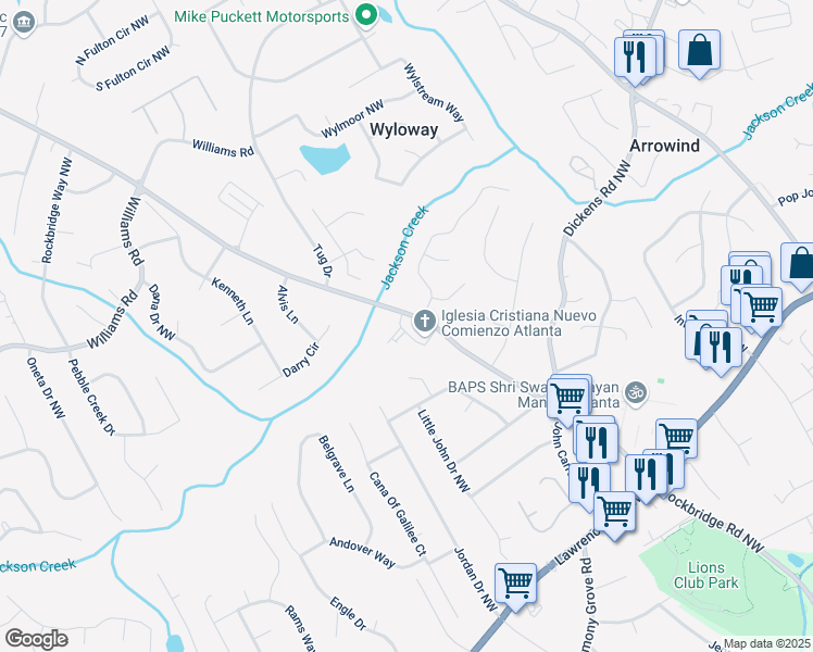 map of restaurants, bars, coffee shops, grocery stores, and more near 661 Rockbridge Road Northwest in Lilburn