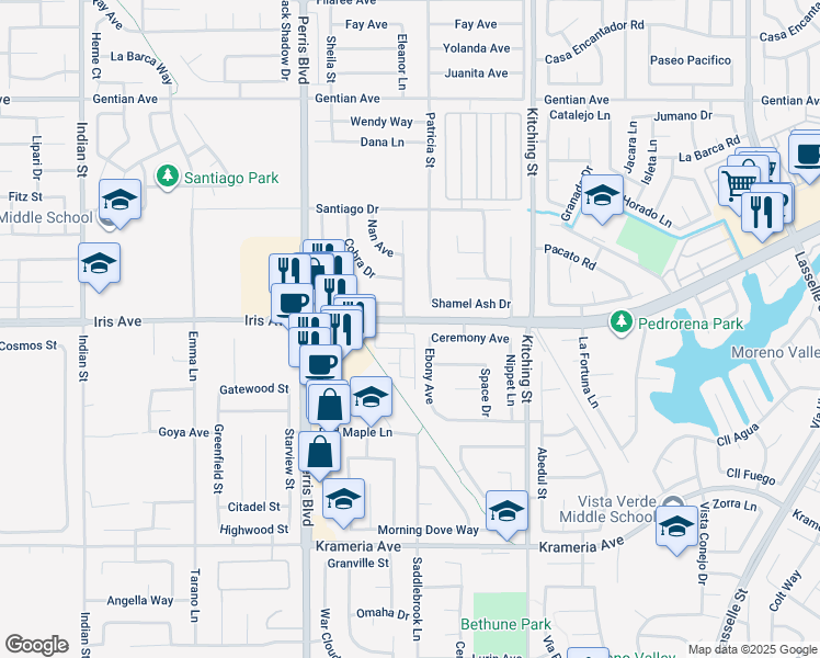 map of restaurants, bars, coffee shops, grocery stores, and more near 25190 Hunter Avenue in Moreno Valley