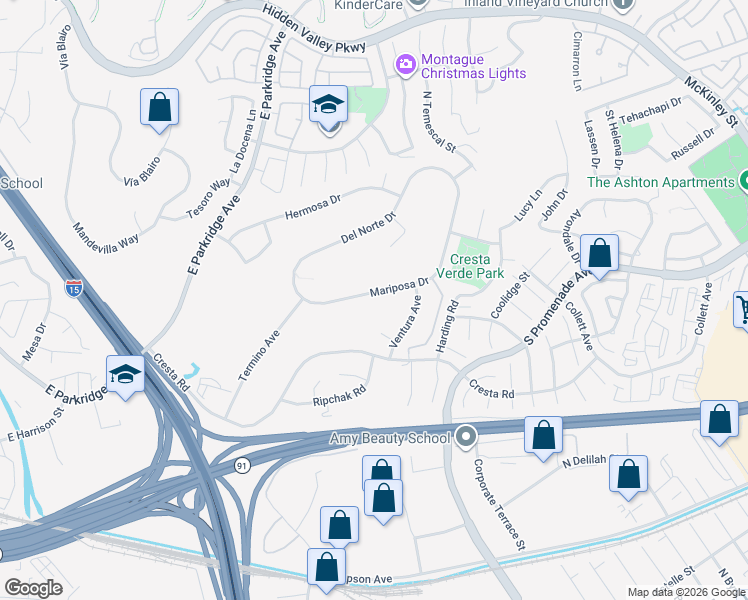 map of restaurants, bars, coffee shops, grocery stores, and more near 1488 Mariposa Drive in Corona