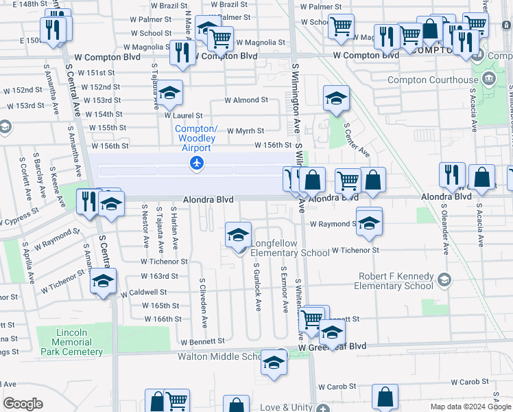 map of restaurants, bars, coffee shops, grocery stores, and more near 900 South Dwight Avenue in Compton