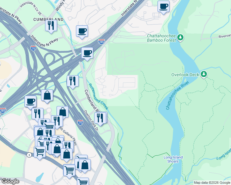 map of restaurants, bars, coffee shops, grocery stores, and more near 3645 Chattahoochee Summit Drive Southeast in Atlanta