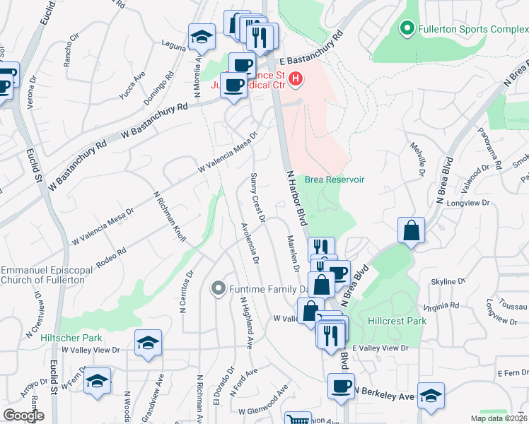 map of restaurants, bars, coffee shops, grocery stores, and more near 1508 Sunny Crest Drive in Fullerton