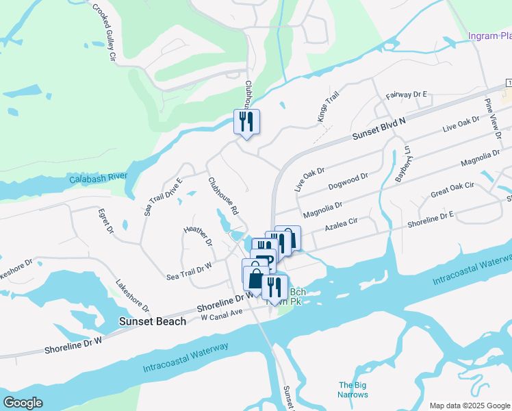 map of restaurants, bars, coffee shops, grocery stores, and more near 502 Sunset Boulevard North in Sunset Beach