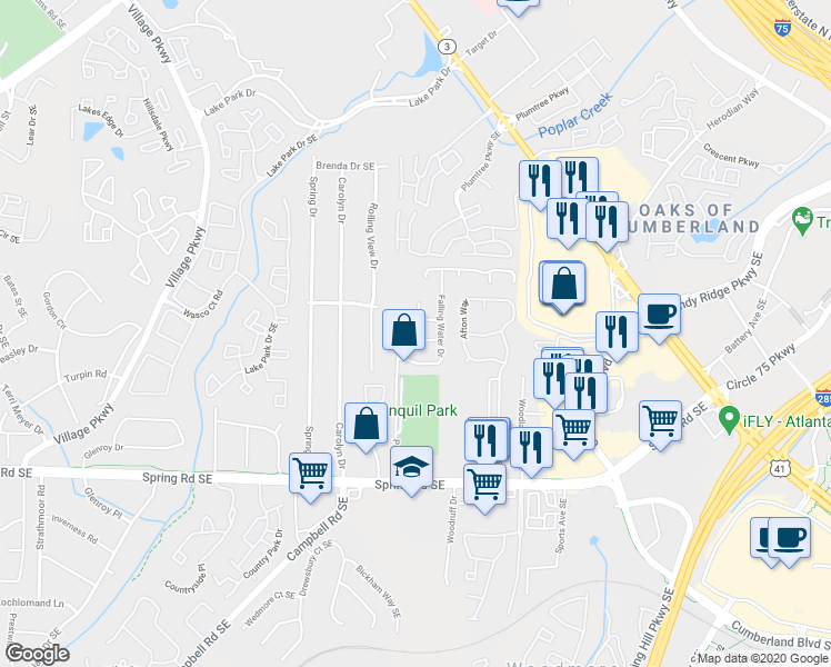 map of restaurants, bars, coffee shops, grocery stores, and more near 1293 Creekside Court in Smyrna