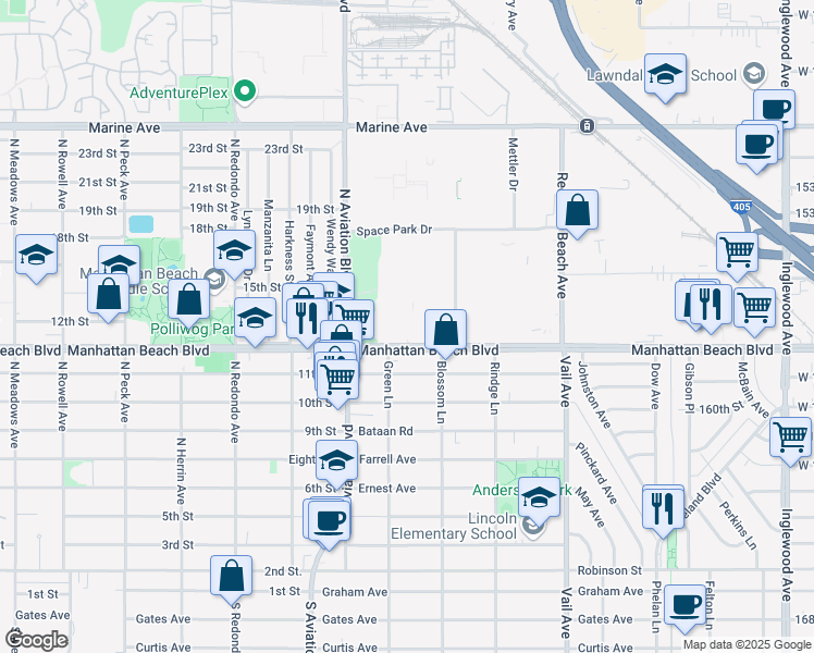 map of restaurants, bars, coffee shops, grocery stores, and more near 1935 Manhattan Beach Boulevard in Redondo Beach