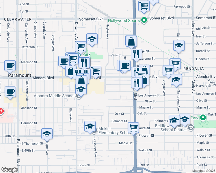 map of restaurants, bars, coffee shops, grocery stores, and more near 8732 Burton Street in Bellflower