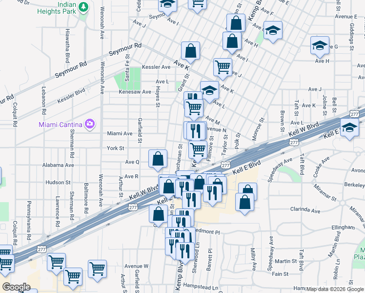map of restaurants, bars, coffee shops, grocery stores, and more near 2505 Buchanan Street in Wichita Falls