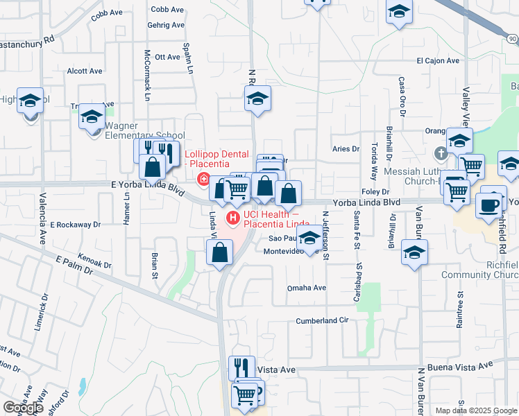 map of restaurants, bars, coffee shops, grocery stores, and more near 1202 East Yorba Linda Boulevard in Placentia