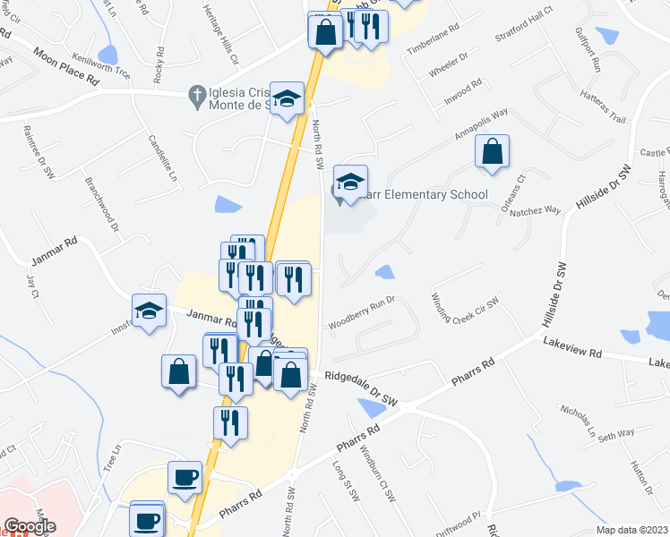 map of restaurants, bars, coffee shops, grocery stores, and more near 1409 Georgetown Way in Grayson