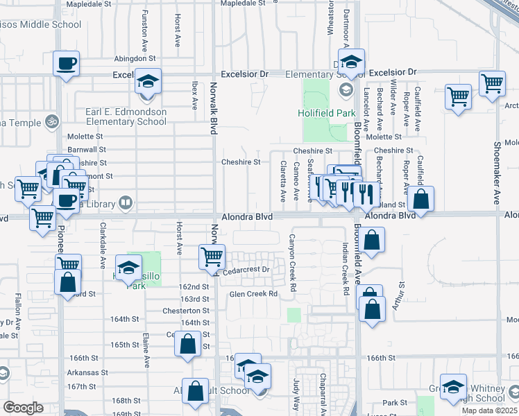 map of restaurants, bars, coffee shops, grocery stores, and more near 15739 Madris Avenue in Norwalk
