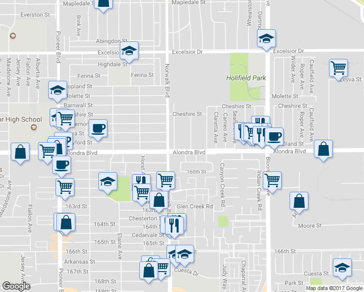 map of restaurants, bars, coffee shops, grocery stores, and more near 12245 Alondra Boulevard in Norwalk