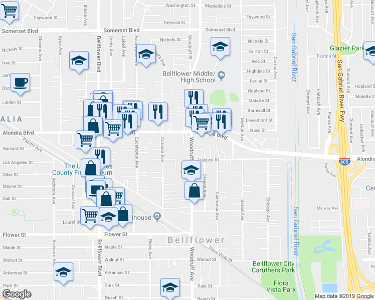 map of restaurants, bars, coffee shops, grocery stores, and more near 16115 Woodruff Avenue in Bellflower