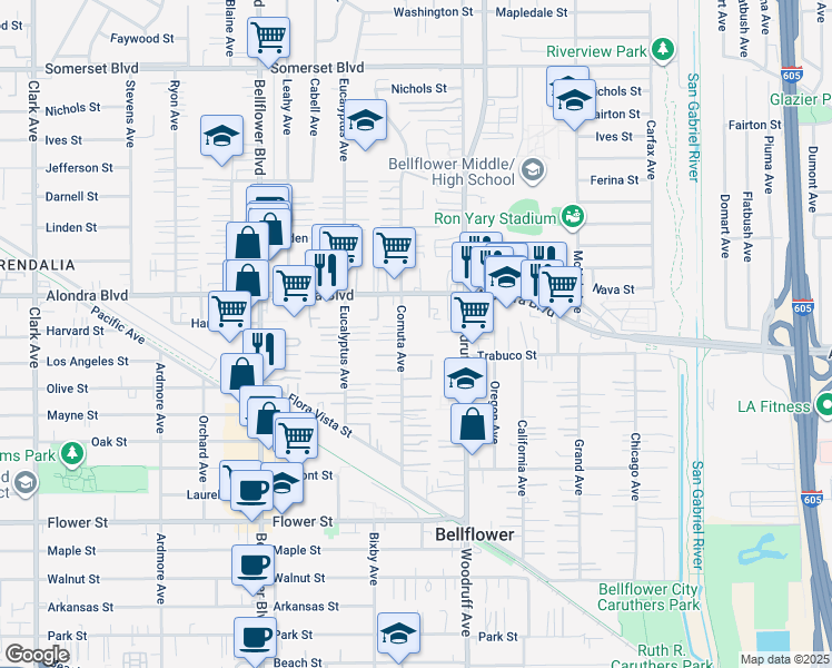 map of restaurants, bars, coffee shops, grocery stores, and more near 16112 3/4 Cornuta Avenue in Bellflower