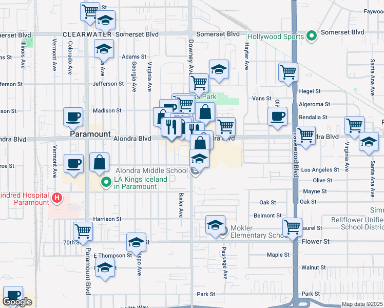 map of restaurants, bars, coffee shops, grocery stores, and more near 15943 Downey Avenue in Paramount