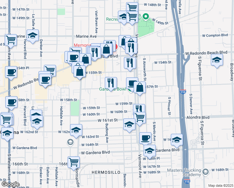map of restaurants, bars, coffee shops, grocery stores, and more near 1139 West 158th Street in Gardena
