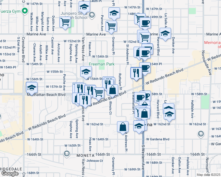 map of restaurants, bars, coffee shops, grocery stores, and more near 2019 West 157th Street in Gardena