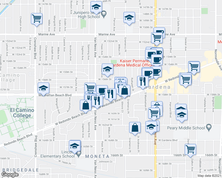 map of restaurants, bars, coffee shops, grocery stores, and more near 2055 West 157th Street in Gardena