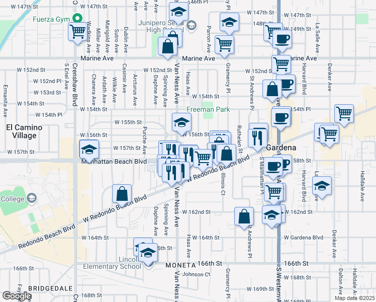 map of restaurants, bars, coffee shops, grocery stores, and more near 2125 West 157th Street in Gardena