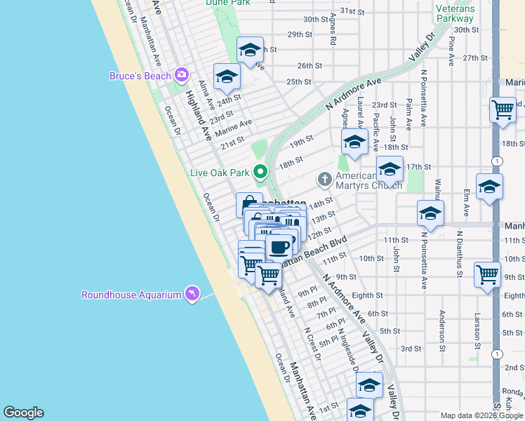 map of restaurants, bars, coffee shops, grocery stores, and more near in Manhattan Beach