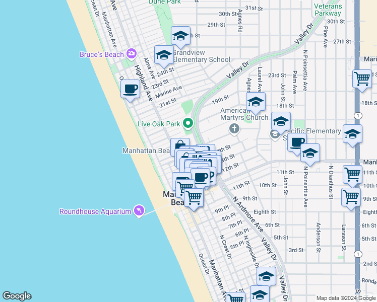 map of restaurants, bars, coffee shops, grocery stores, and more near in Manhattan Beach