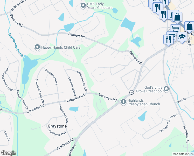 map of restaurants, bars, coffee shops, grocery stores, and more near 1040 Windsor Creek Drive in Grayson