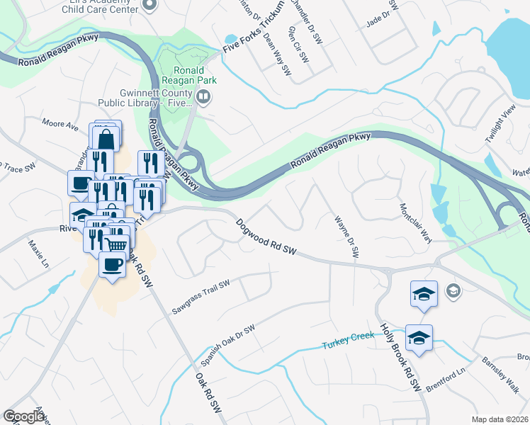 map of restaurants, bars, coffee shops, grocery stores, and more near 2766 Olde Gate Court Southwest in Snellville