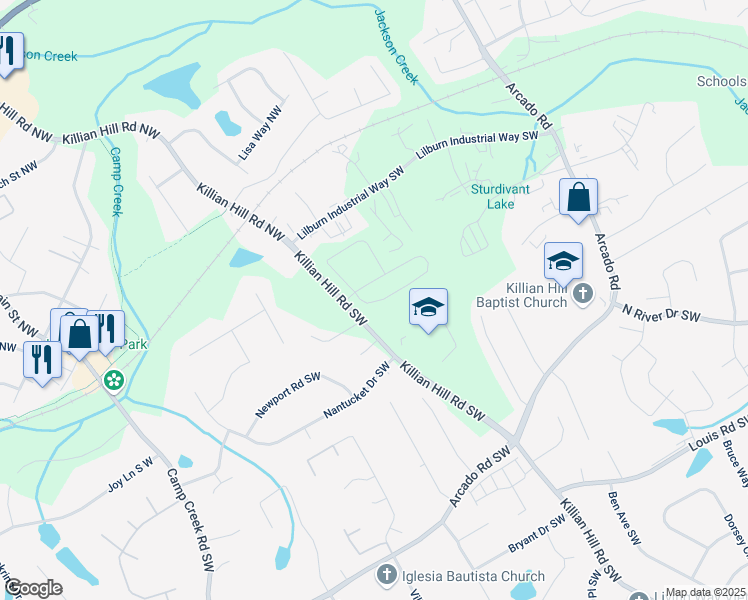 map of restaurants, bars, coffee shops, grocery stores, and more near 3698 Annsbury Court in Lilburn