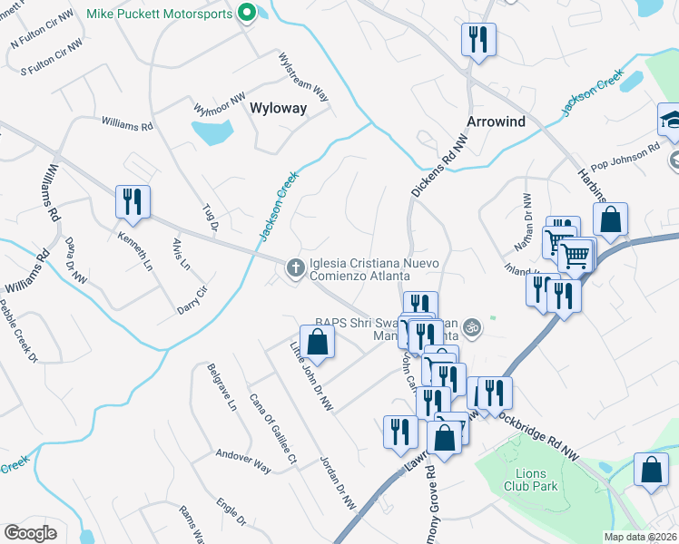 map of restaurants, bars, coffee shops, grocery stores, and more near 595 Therrell Lane Northwest in Lilburn