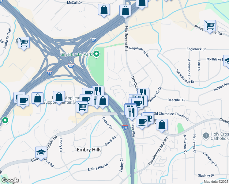 map of restaurants, bars, coffee shops, grocery stores, and more near 3358 Stonecrest Court in Atlanta