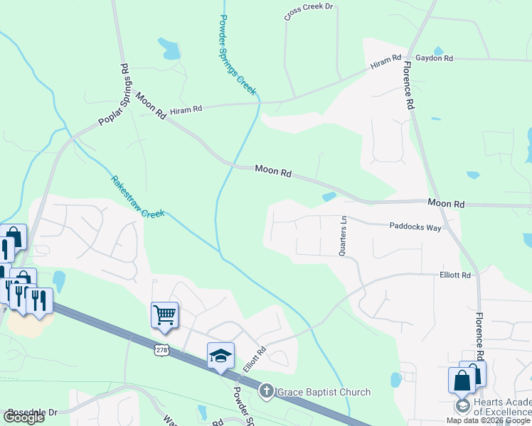 map of restaurants, bars, coffee shops, grocery stores, and more near 1436 Paddocks Court in Powder Springs