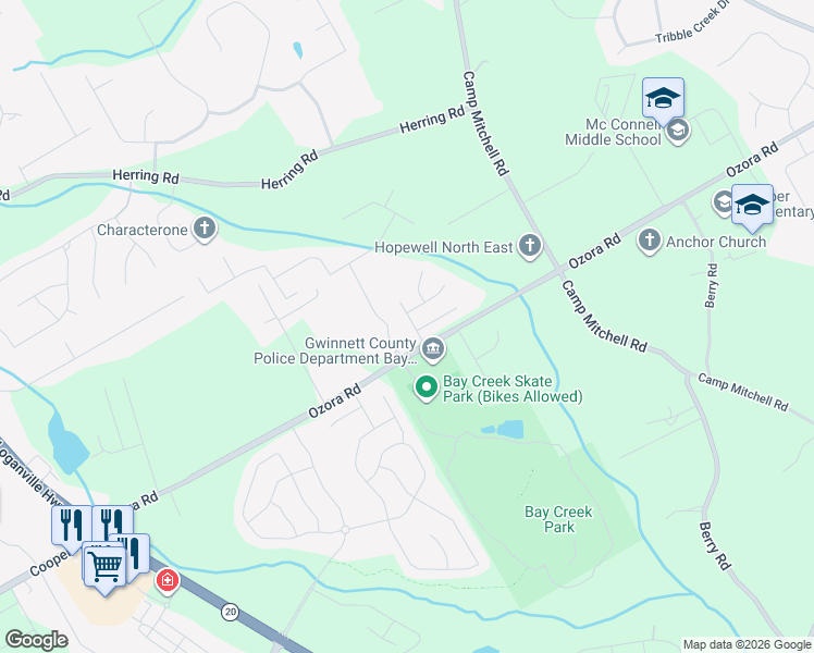 map of restaurants, bars, coffee shops, grocery stores, and more near 2663 Tullis Cove Drive Southeast in Loganville