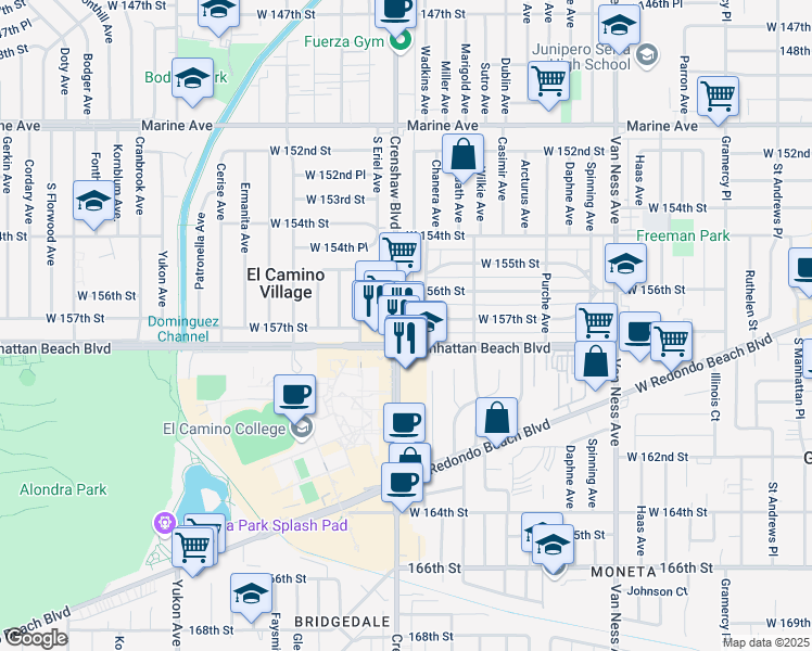 map of restaurants, bars, coffee shops, grocery stores, and more near 15706 Crenshaw Boulevard in Gardena