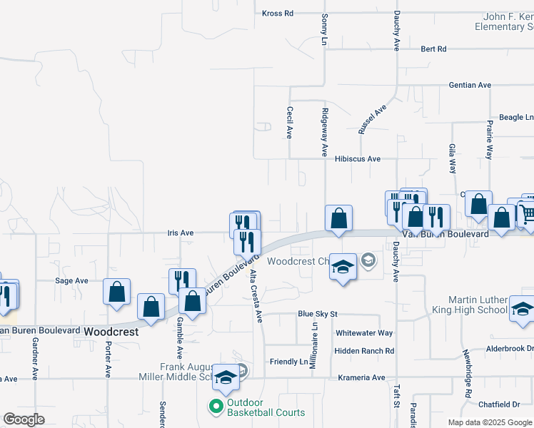 map of restaurants, bars, coffee shops, grocery stores, and more near 18070 Iris Avenue in Riverside