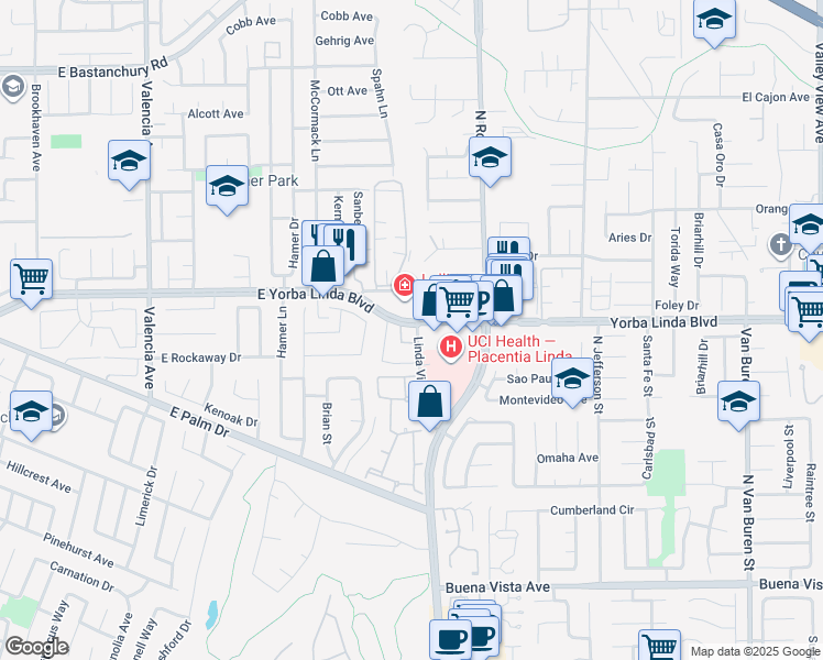 map of restaurants, bars, coffee shops, grocery stores, and more near 1050 Linda Vista Street in Yorba Linda