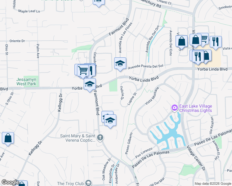 map of restaurants, bars, coffee shops, grocery stores, and more near 19865 Caprice Drive in Yorba Linda