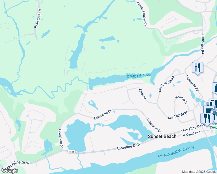 map of restaurants, bars, coffee shops, grocery stores, and more near 554 Medcalf Drive Southwest in Sunset Beach