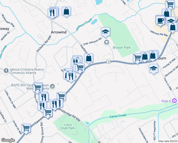 map of restaurants, bars, coffee shops, grocery stores, and more near 500 Rockfern Court in Lilburn