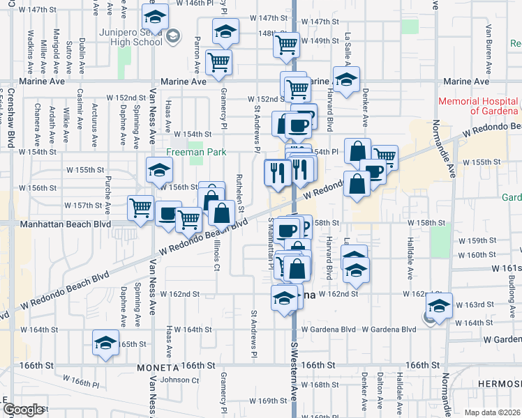 map of restaurants, bars, coffee shops, grocery stores, and more near 1875 West Redondo Beach Boulevard in Gardena