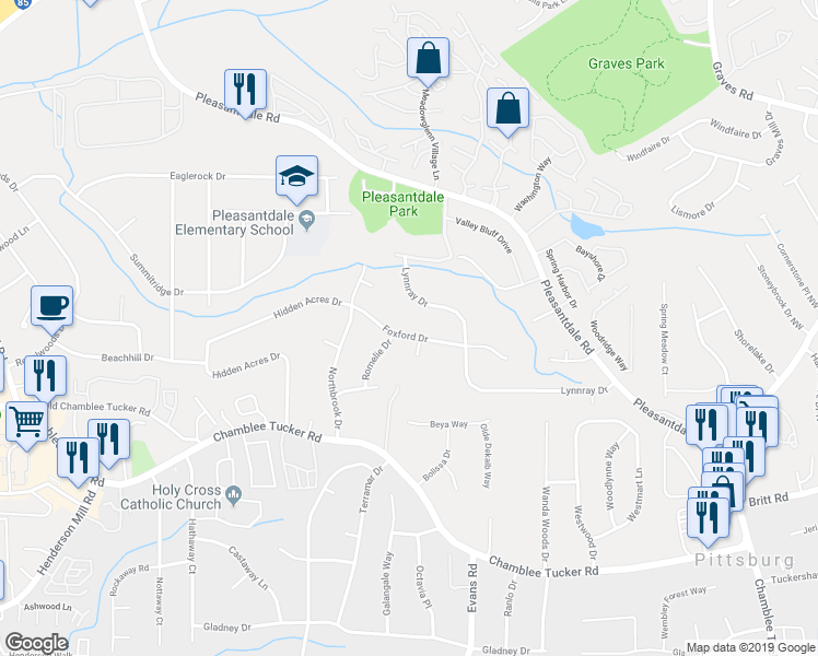 map of restaurants, bars, coffee shops, grocery stores, and more near 3808 Foxford Drive in Doraville