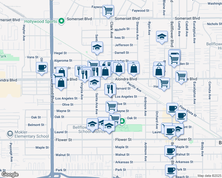 map of restaurants, bars, coffee shops, grocery stores, and more near 15945 Clark Avenue in Bellflower
