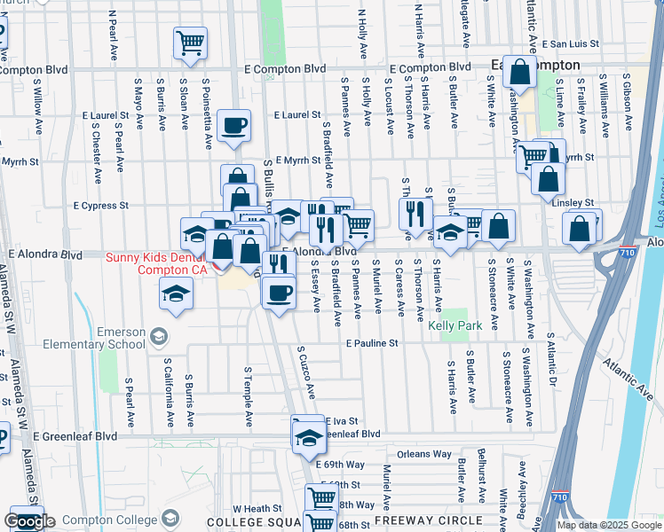 map of restaurants, bars, coffee shops, grocery stores, and more near 3723 East Elizabeth Street in Compton