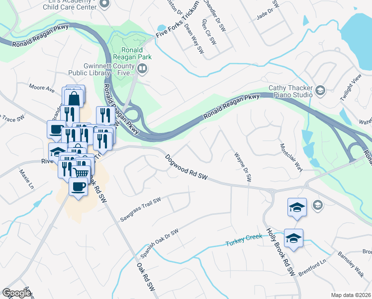 map of restaurants, bars, coffee shops, grocery stores, and more near 2766 Olde Gate Court Southwest in Snellville
