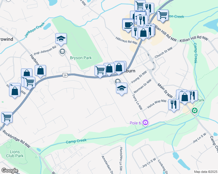 map of restaurants, bars, coffee shops, grocery stores, and more near 325 Jon Jeff Drive Northwest in Lilburn