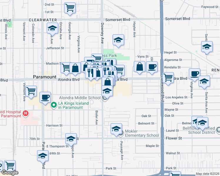 map of restaurants, bars, coffee shops, grocery stores, and more near 15930 Downey Ave in Paramount