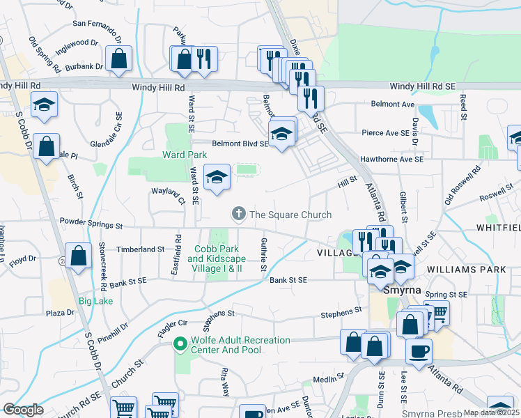 map of restaurants, bars, coffee shops, grocery stores, and more near 2641 Parks Edge Drive Southeast in Smyrna