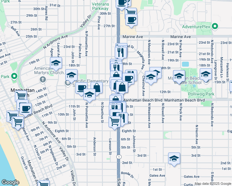map of restaurants, bars, coffee shops, grocery stores, and more near 1203 North Sepulveda Boulevard in Manhattan Beach