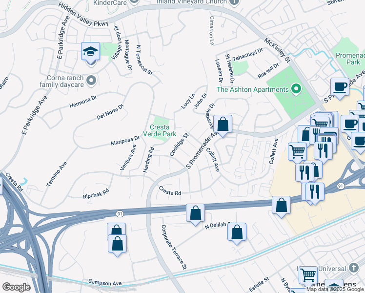 map of restaurants, bars, coffee shops, grocery stores, and more near 527 Clinton Circle in Corona