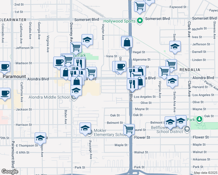 map of restaurants, bars, coffee shops, grocery stores, and more near 8732 Burton Street in Bellflower