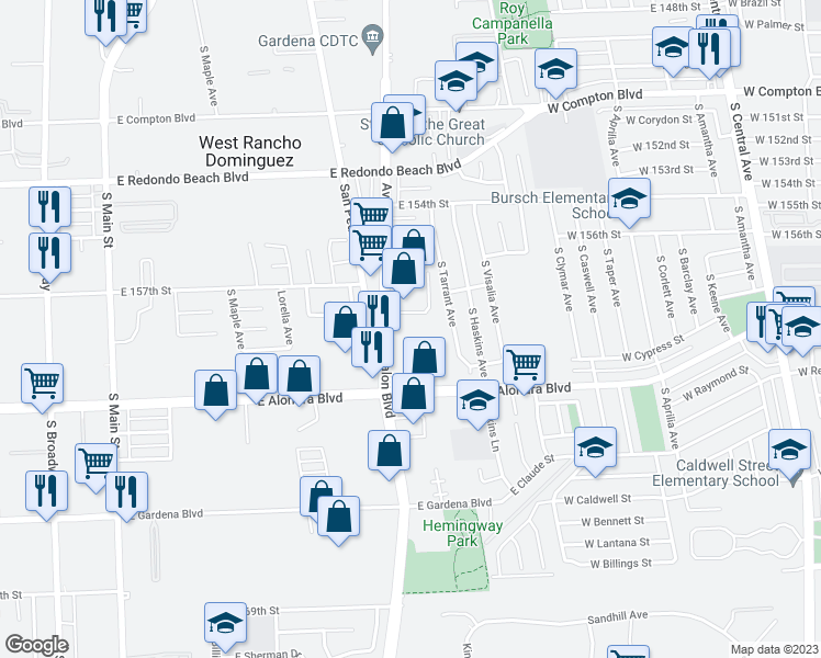 map of restaurants, bars, coffee shops, grocery stores, and more near 15800 South Avalon Boulevard in Compton