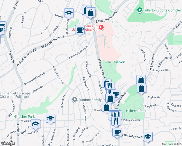 map of restaurants, bars, coffee shops, grocery stores, and more near 1508 Sunny Crest Drive in Fullerton